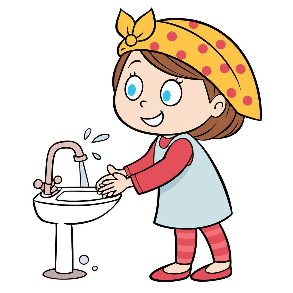 Cartoon Illustration for Kids Showing a Girl Washing Hands vector