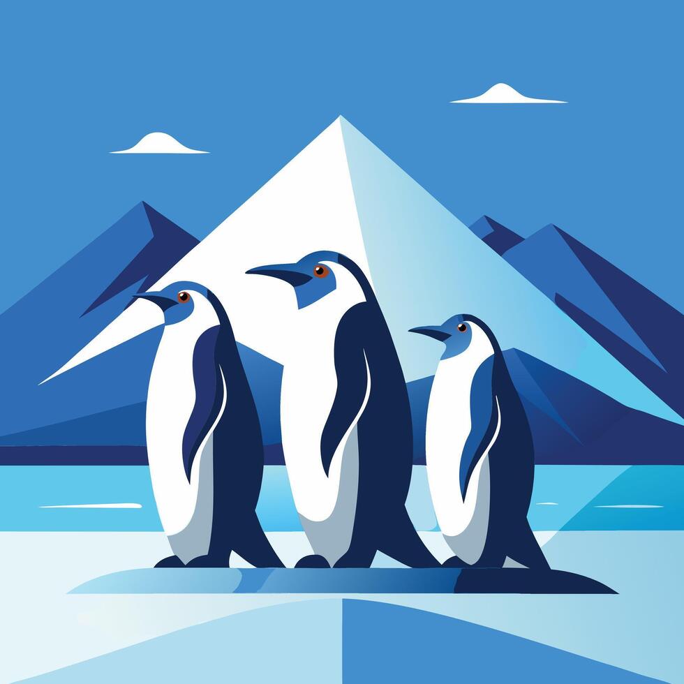 Icon of Penguins Standing on Ice with Snowflakes in the Background vector