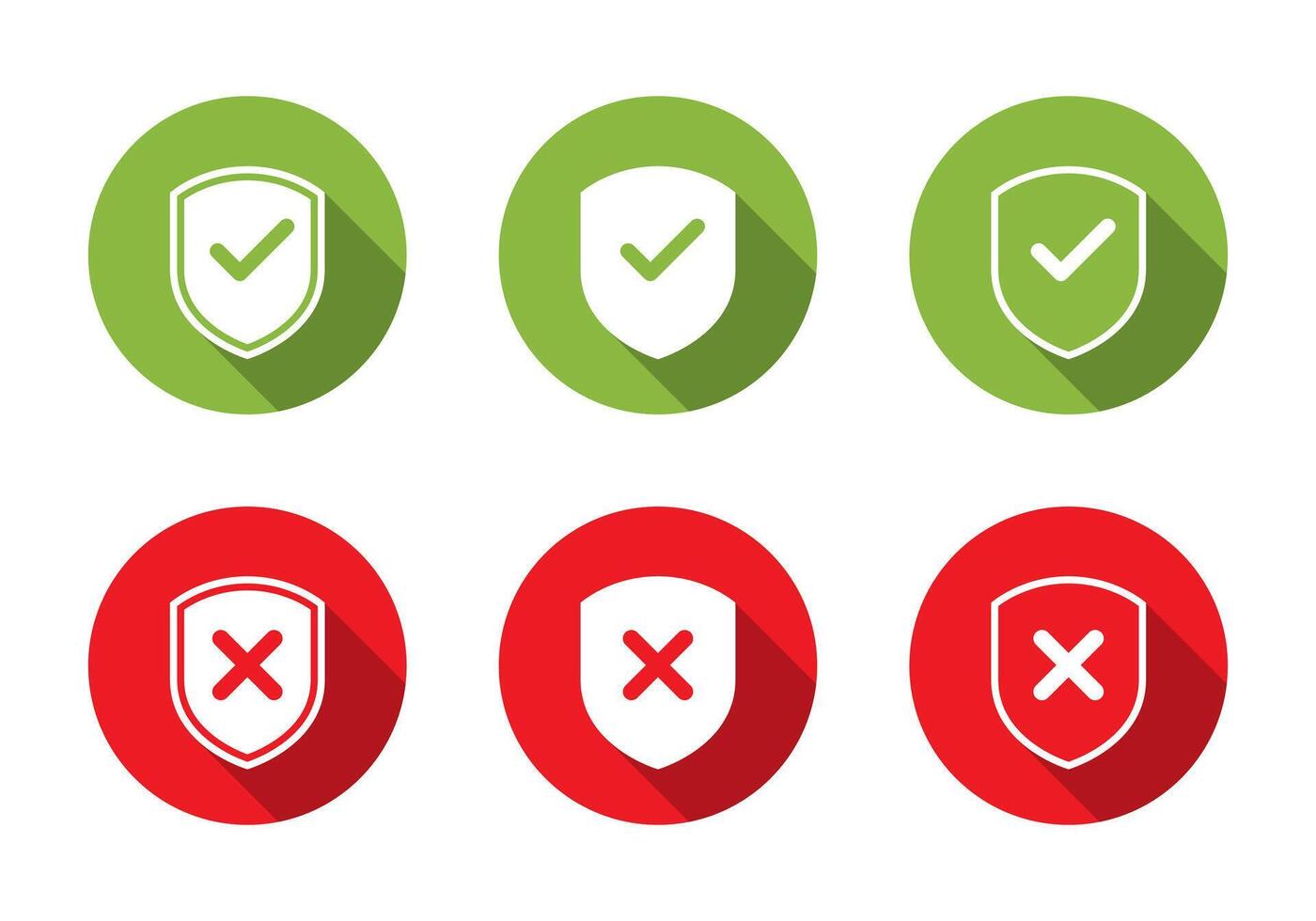 Shield with check cross mark icon set with long shadow. Security defense sign symbol vector