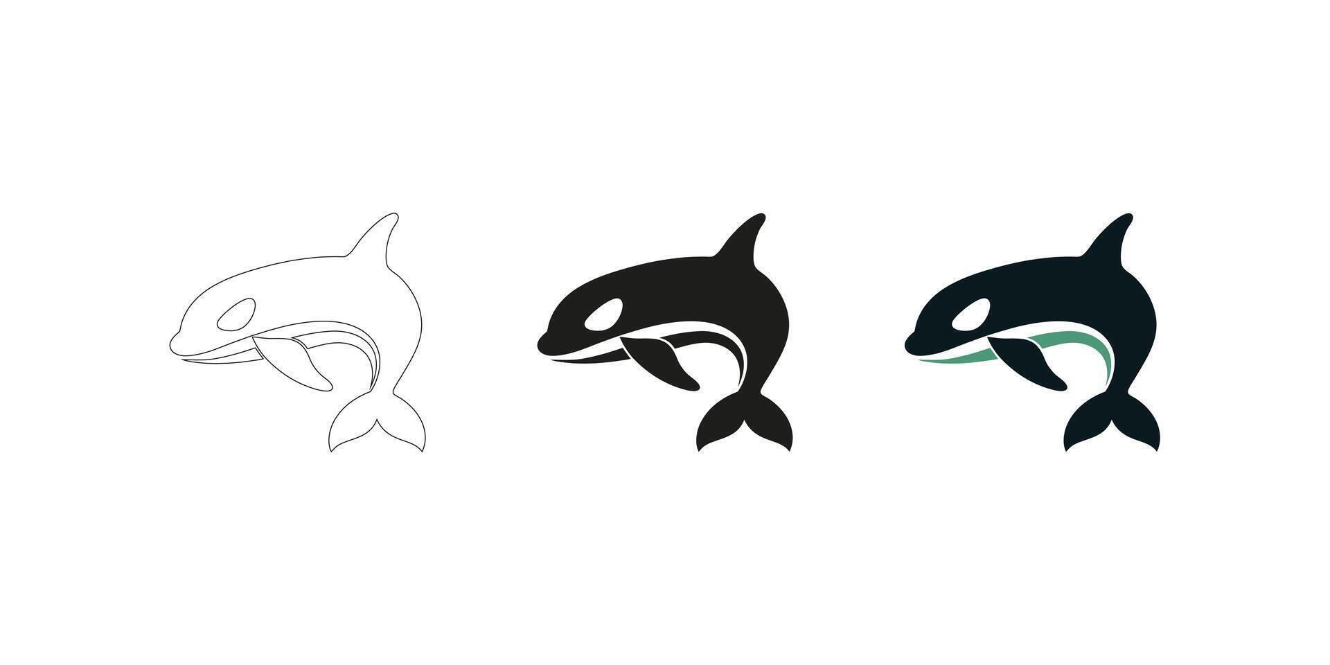 Orca Whale Illustration in Three Styles - Editable Stroke Outline, Silhouette and Color vector