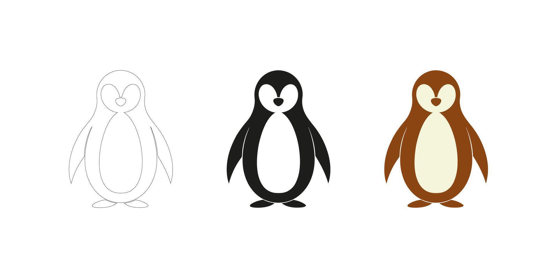 Illustration of a Penguin in Three Different Styles - Editable Stroke Outline, Silhouette and Color vector