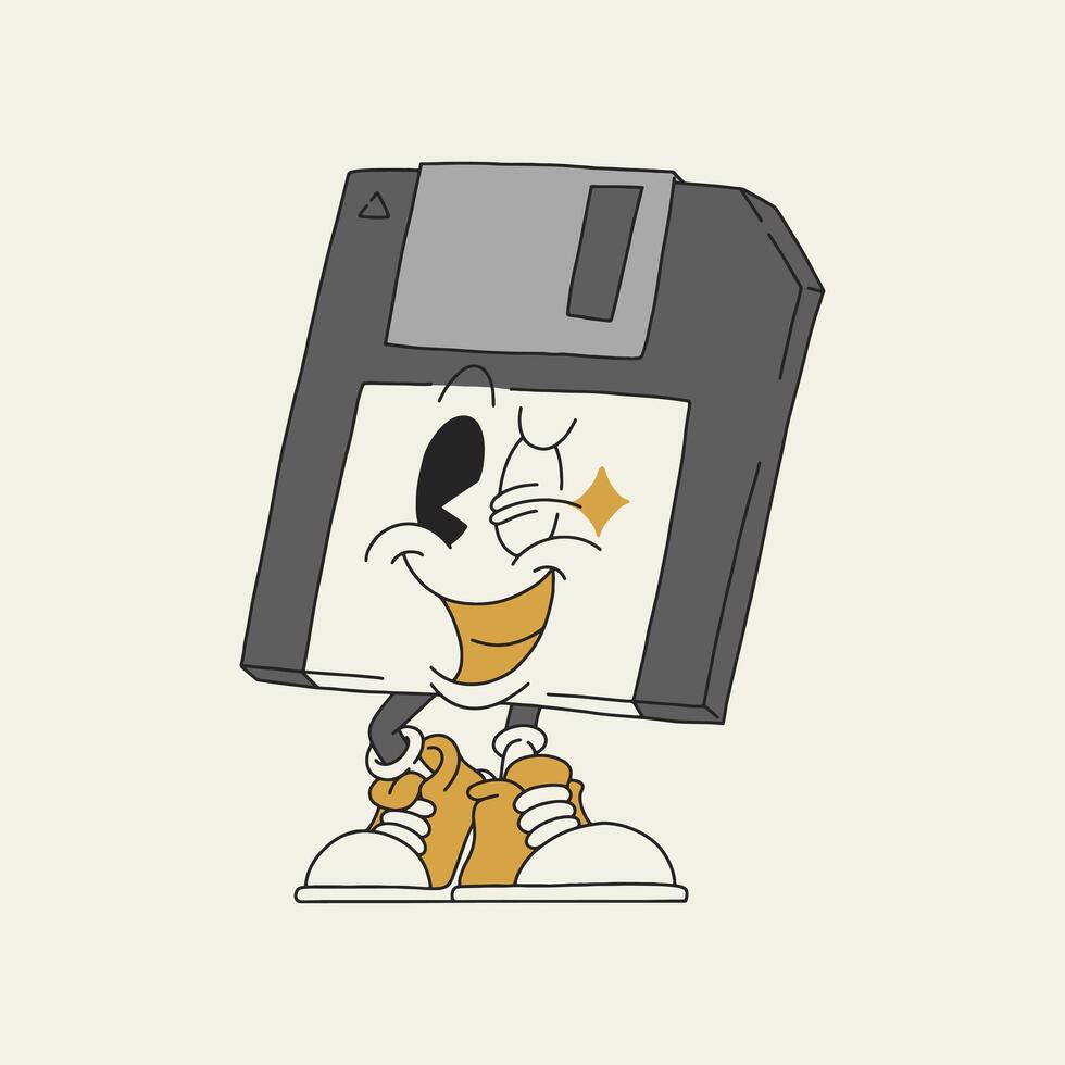 winking diskette retro cartoon mascot vector