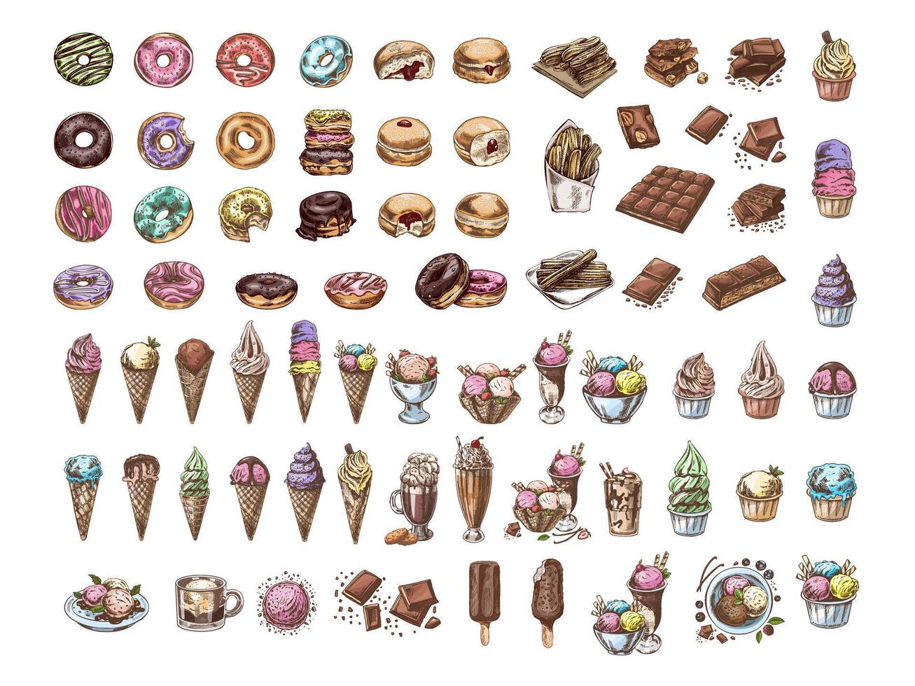 Hand-drawn colorful sketch set of donuts, ice cream, and chocolates vector