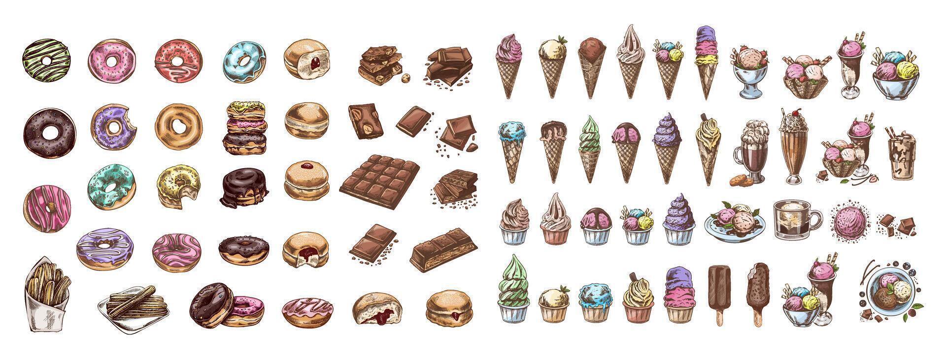 Collection of hand-drawn donuts, ice cream, and sweets illustrations vector