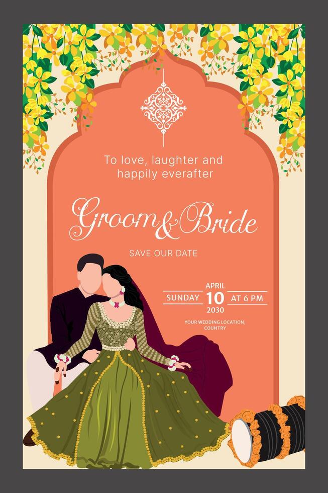 indian marriage card containing bride and groom illustration and dholak for mehndi and haldi vector