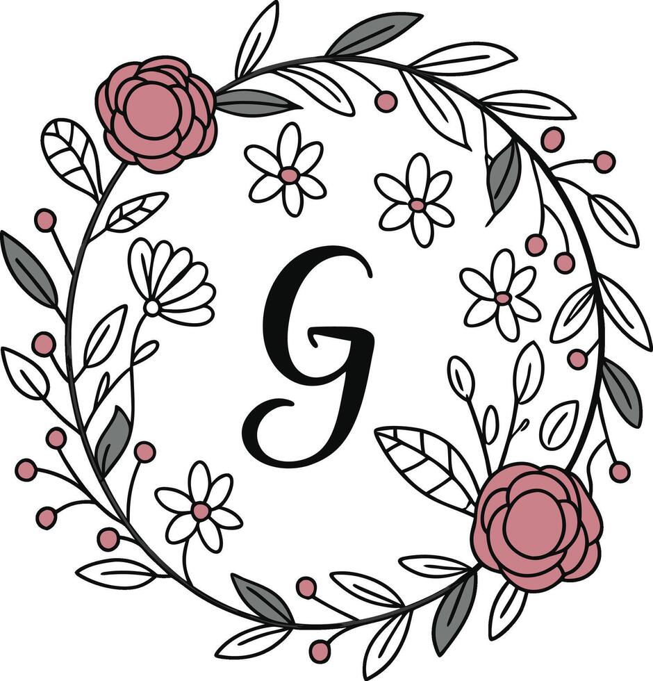 A hand drawn monogram initial G surrounded by intricate floral wreaths vector