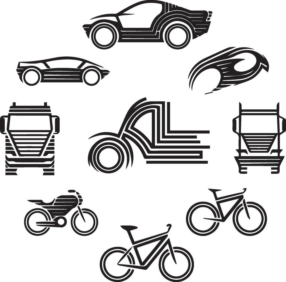 A set of vehicle logo icons in silhouette, including a car, truck, motorcycle, and bicycle. vector