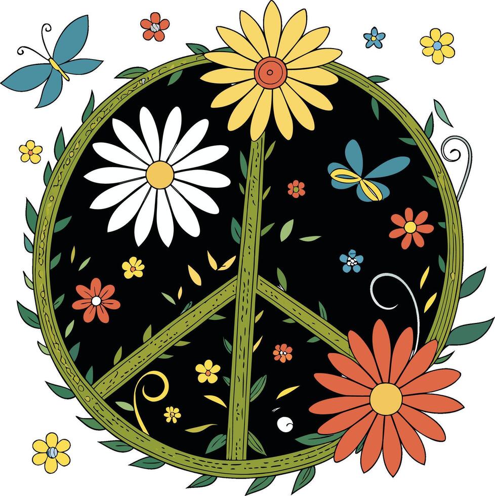 A vibrant and colorful peace symbol made of intertwining green vines and flowers vector