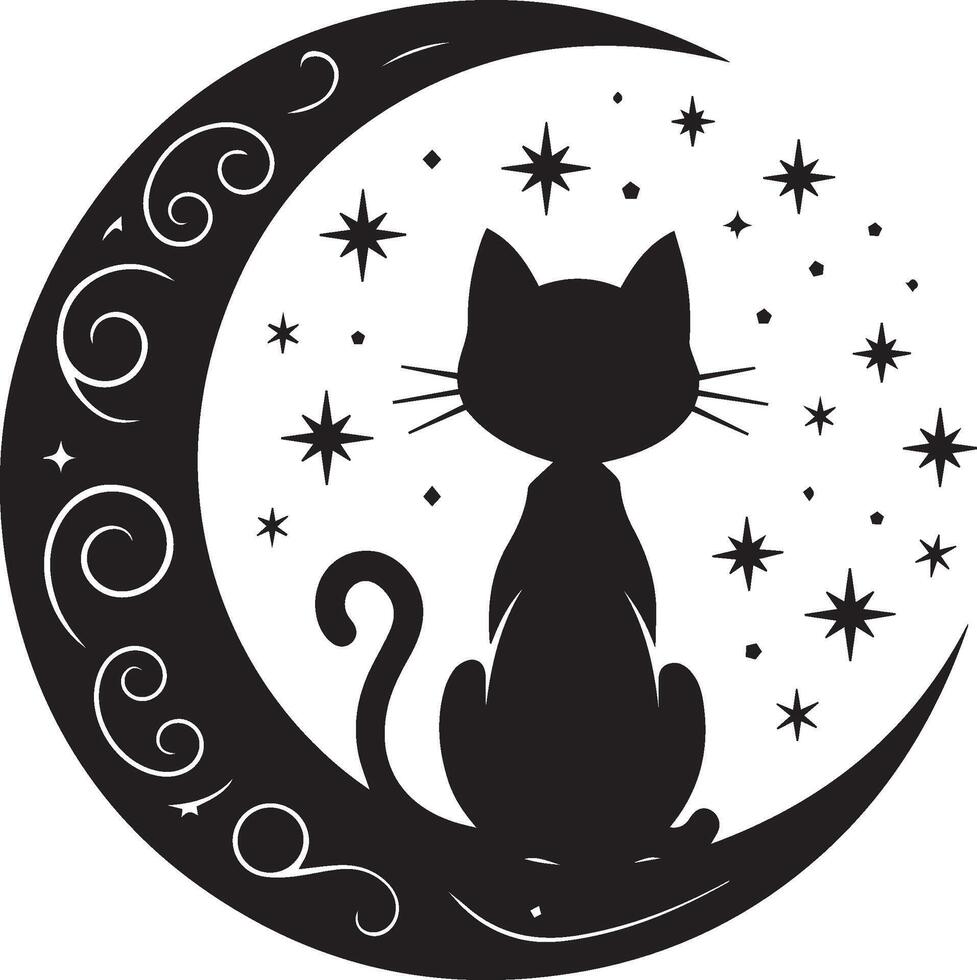 A black and white illustration of a cat sitting on a crescent moon vector