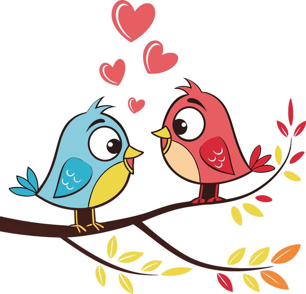 Two cartoon birds, one blue and one red, sitting on a branch vector