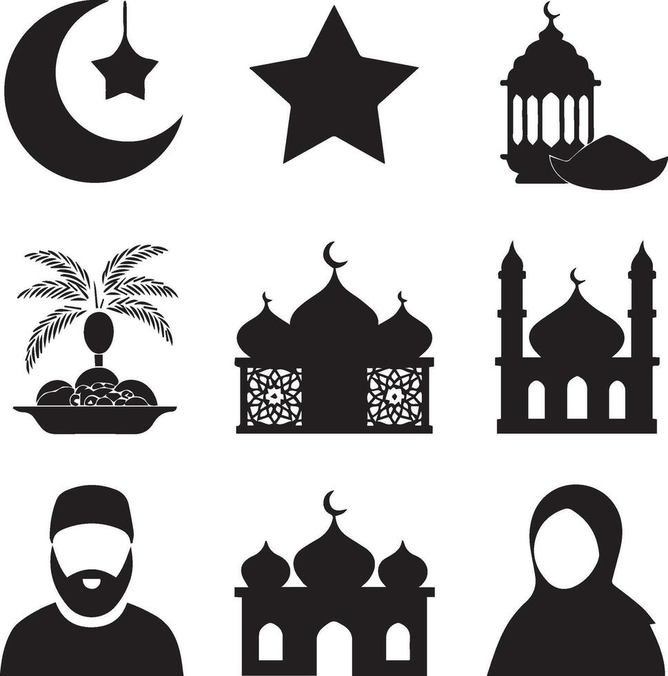 silhouette of 9 different Ramadan special icons. vector