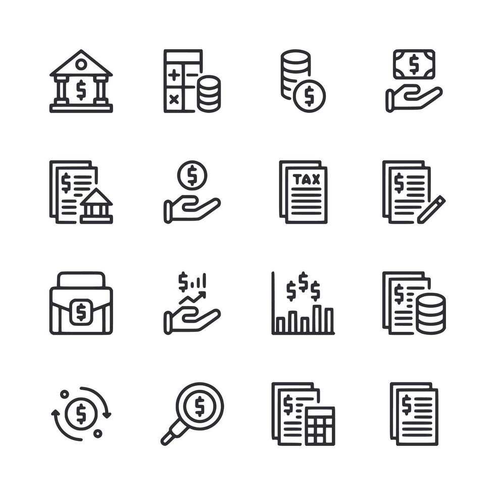A set of financial icons including a dollar sign, a house, a building vector