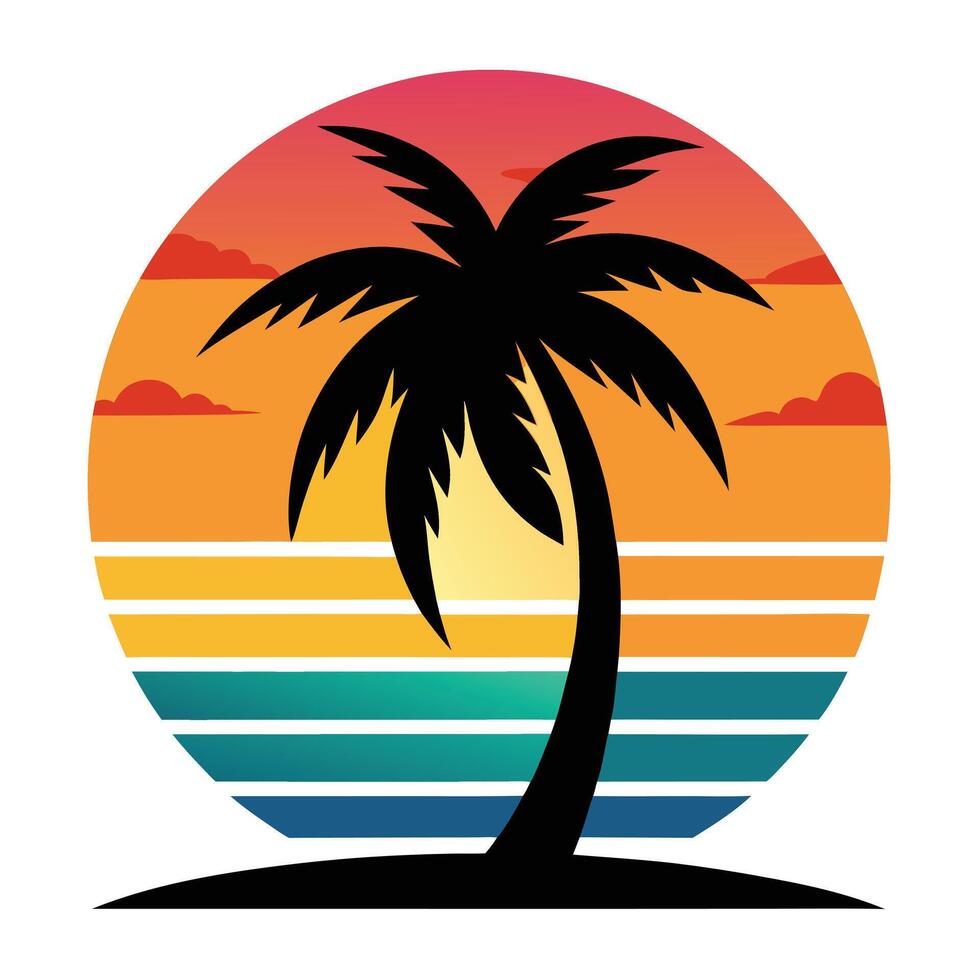 Minimalist Retro Palm Tree Silhouette at Sunset vector