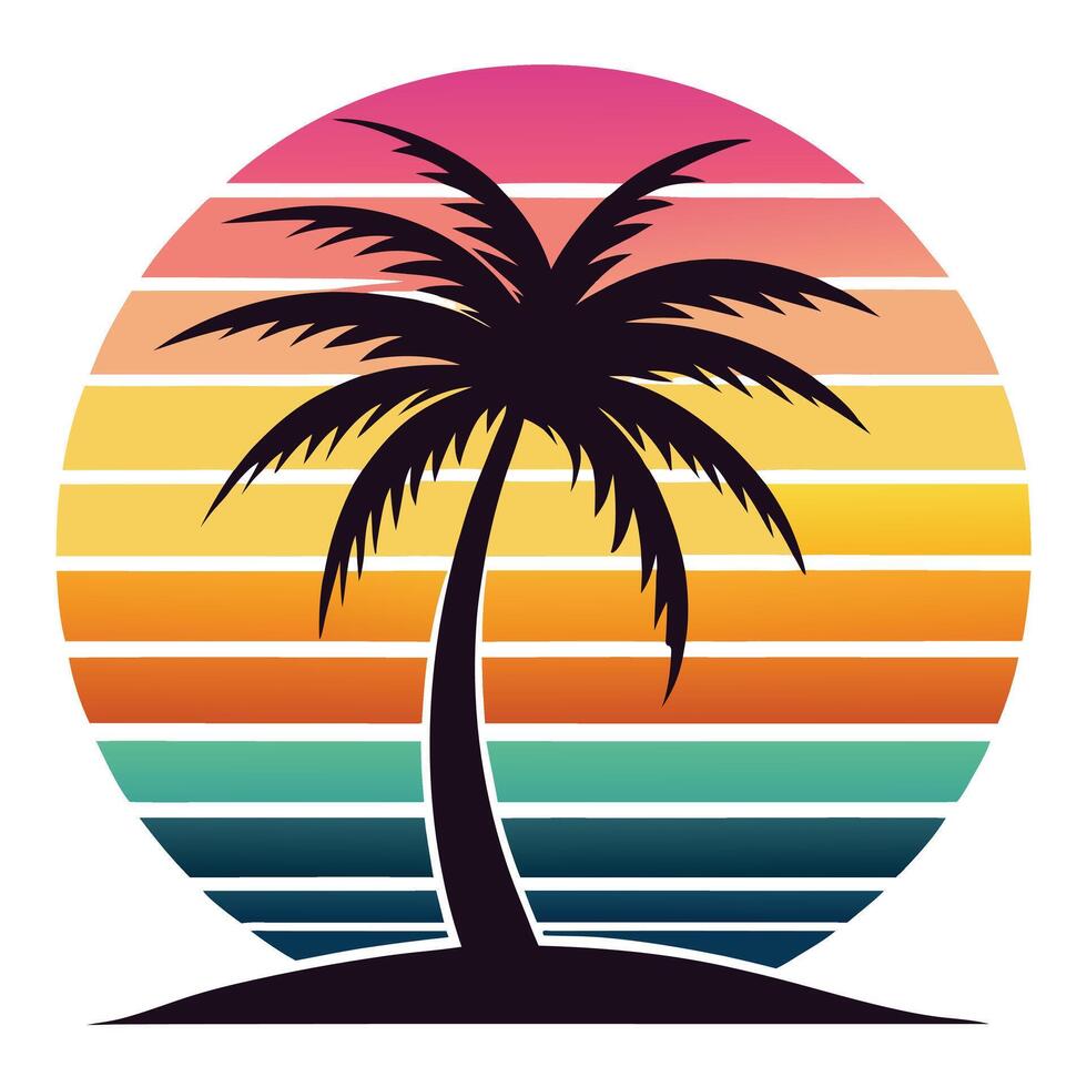 Minimalist Retro Palm Tree Silhouette at Sunset vector