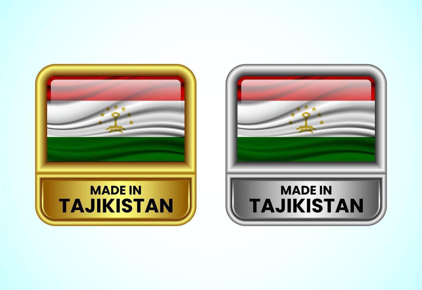 Made in Tajikistan label icon in gold and silver color. Flag icon set for business vector