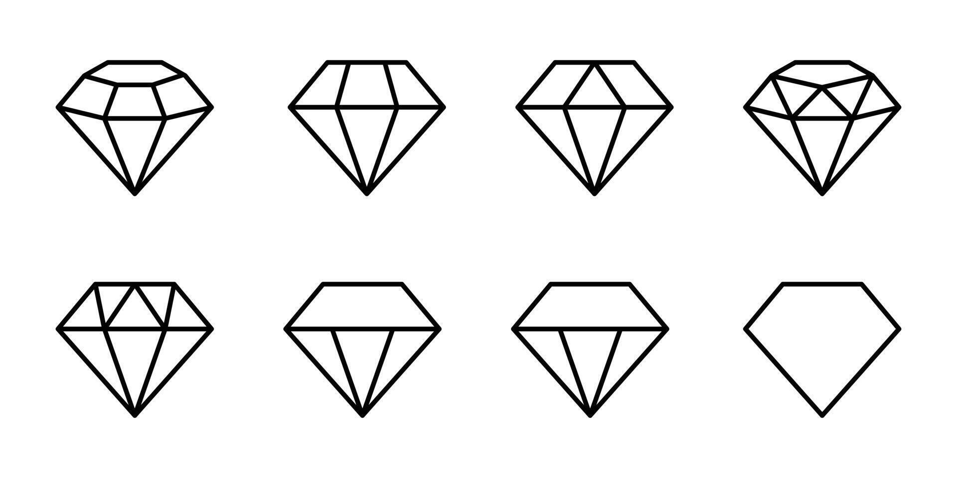 Set of diamonds line icons style. Gemstone diamond collection. precious crystal stones. Diamond icons editable stock for mobile and web designs. Rich symbols collection isolated on white background. vector