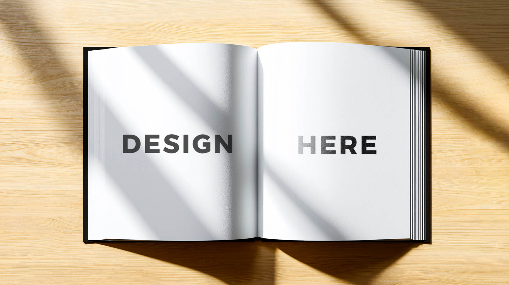 Book page mockup on top of wooden table with shadow cast for design placement psd