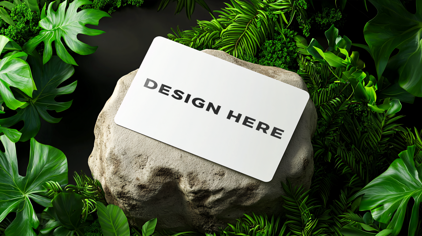 Business card mockup with rounded corner on top of rock for design placement psd