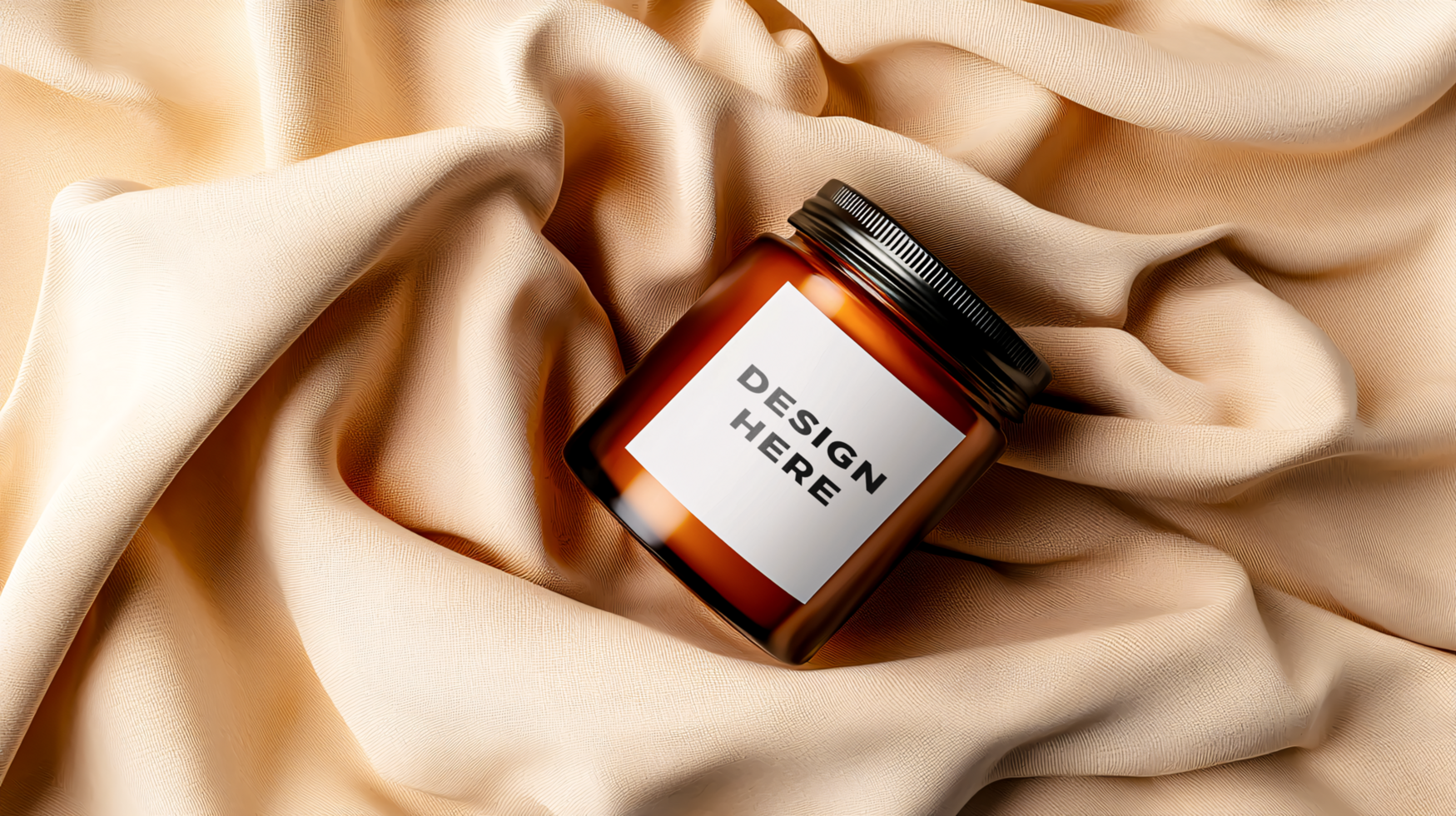 Candle jar mockup laying on soft beige fabric psd
