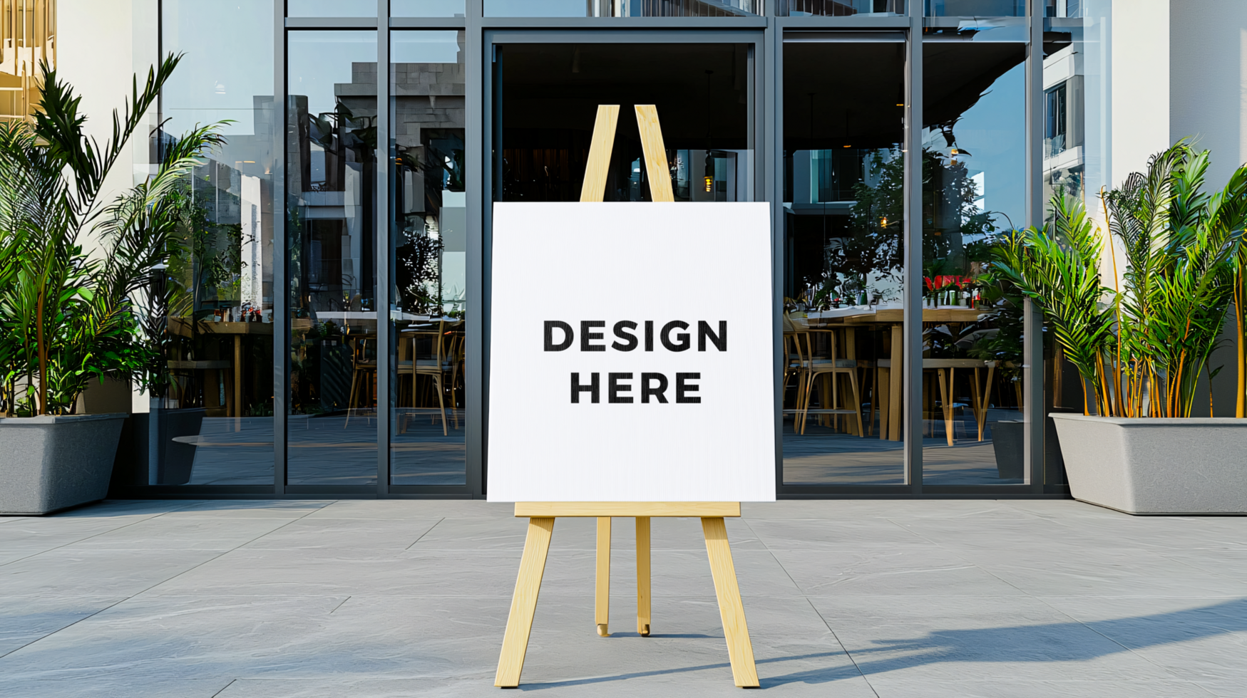 Canvas mockup with easel placed in front of modern restaurant for information media psd