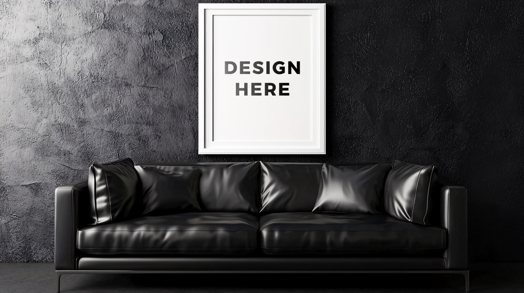 Frame mockup on living room with black leather sofa for art placement psd