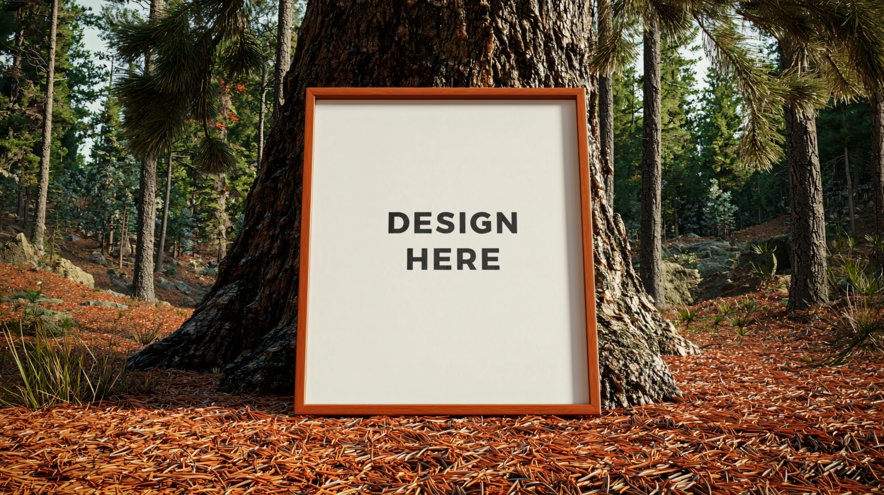 Frame mockup under tree in forest for art placement psd