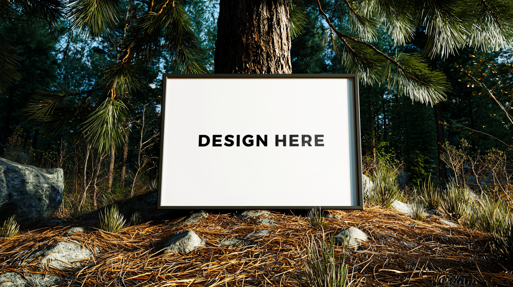 Frame mockup under tree in forest for design placement psd