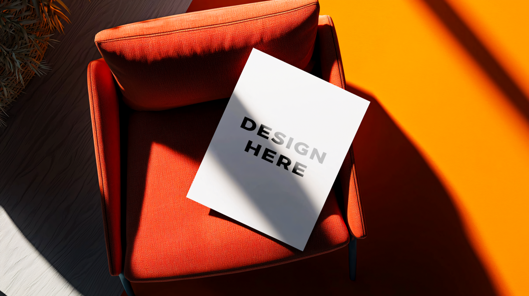 Paper mockup placed on top of chair with shadow cast for flier and invitation design psd
