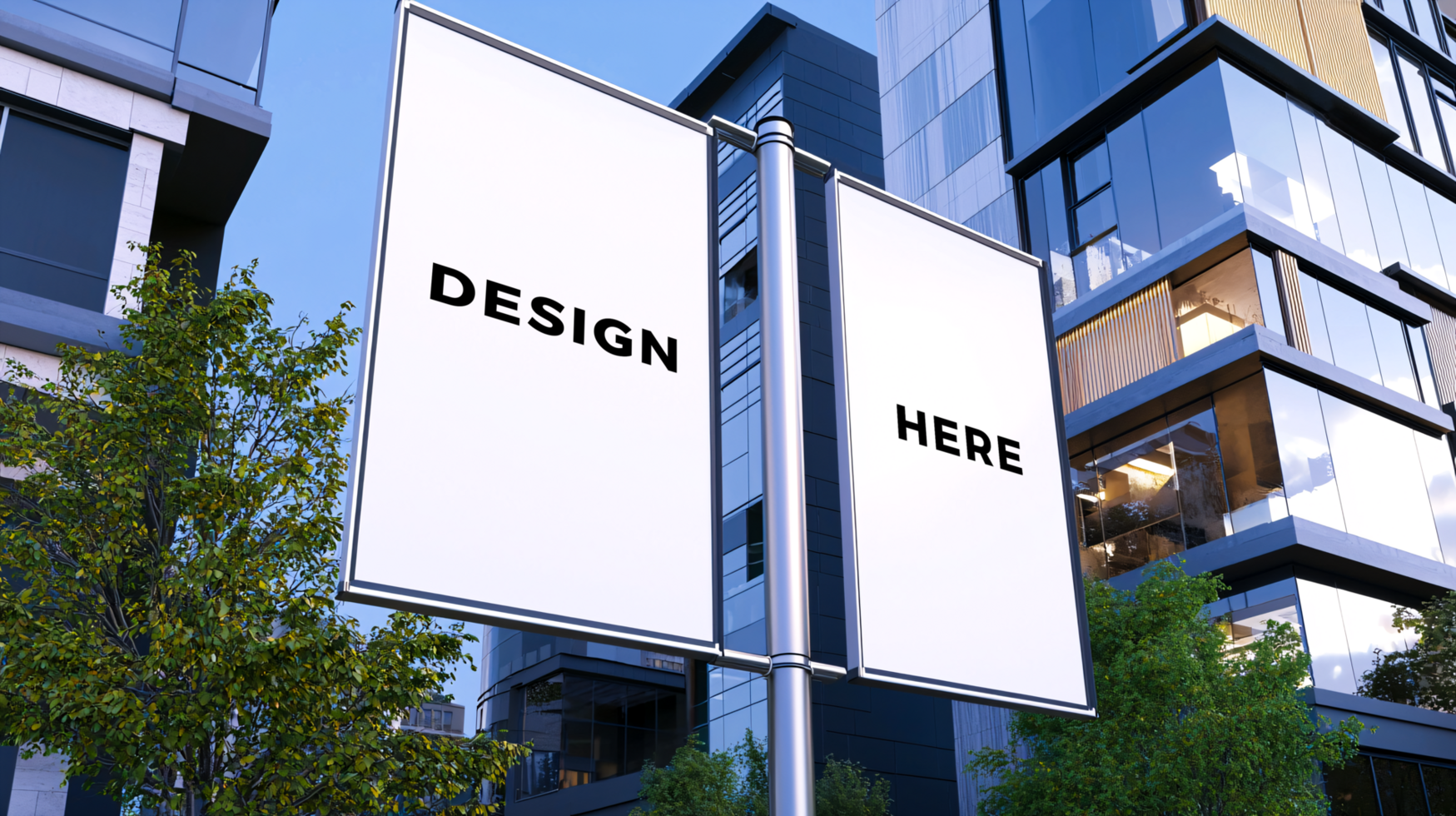 Pole banner mockup with modern building as background for marketing and announcement psd
