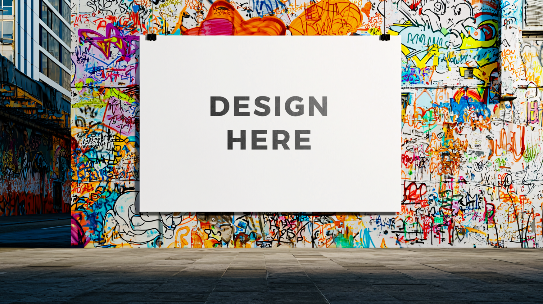 Poster mockup on urban street wall covered with doodle for art placement psd
