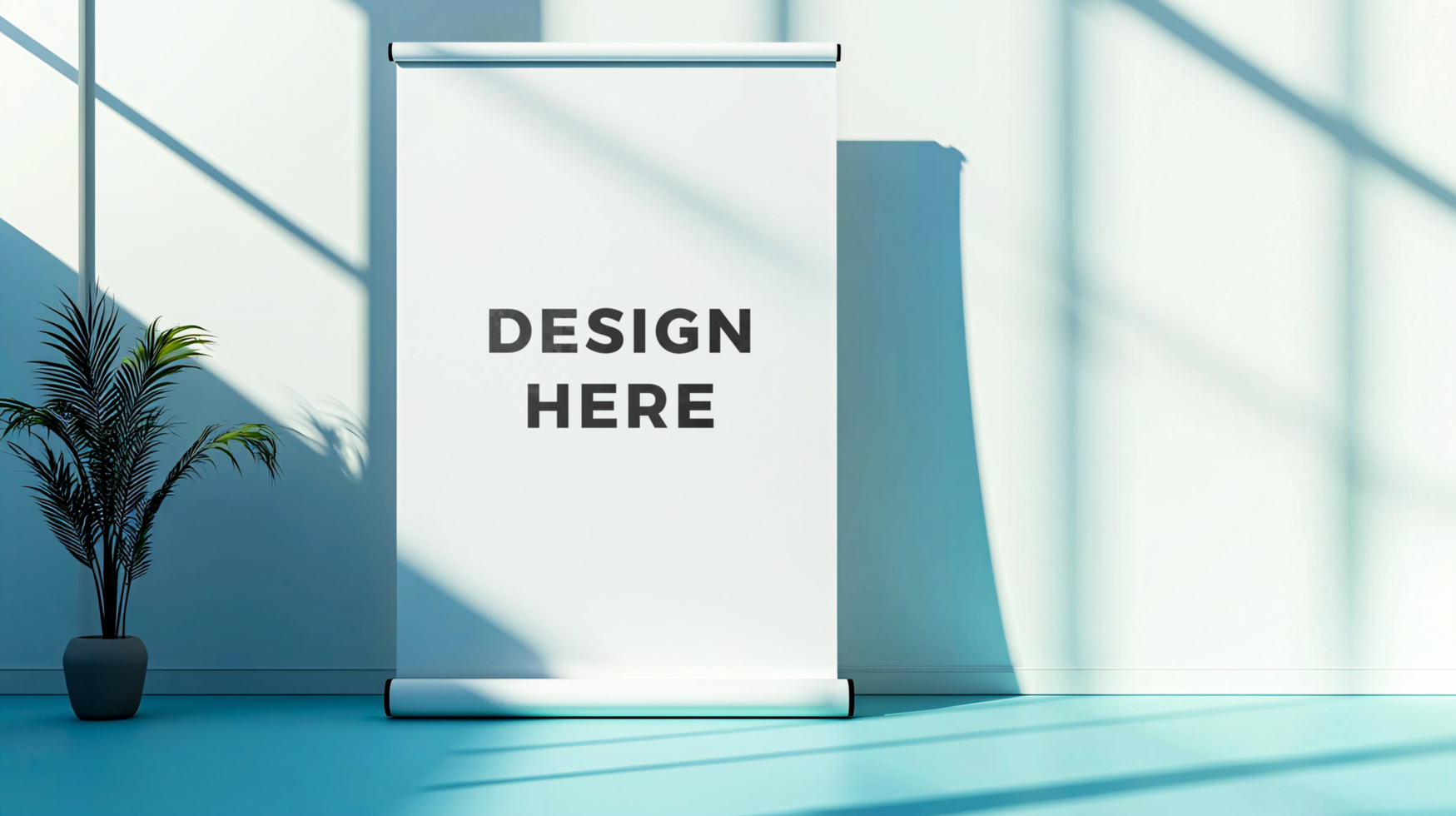 Roll up banner mockup placed in front of white wall for branding and marketing psd