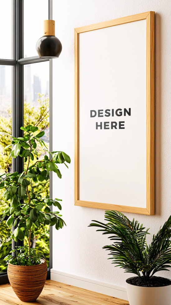 Wooden frame mockup hanging near window in modern home for design placement psd