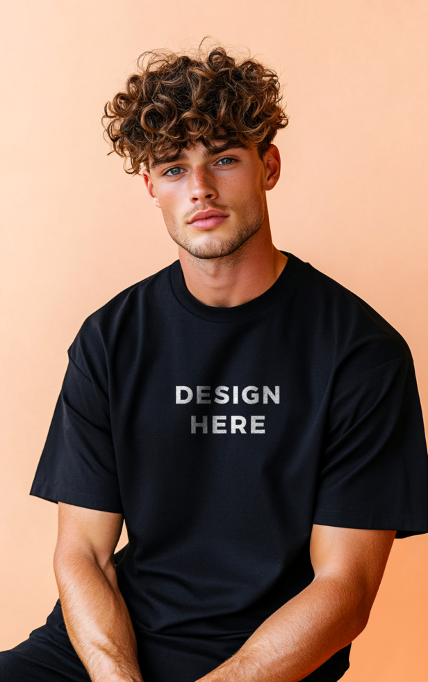 Young man with curly hair wearing t-shirt mockup for design placement psd