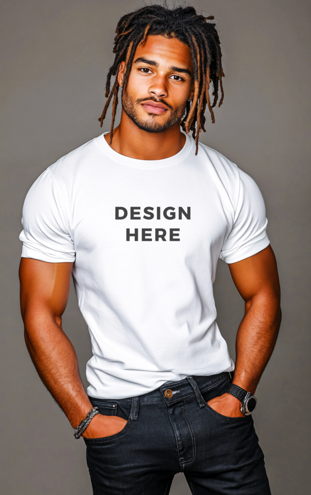Young mixed race man with dreadlock hair wearing t-shirt mockup for design placement psd