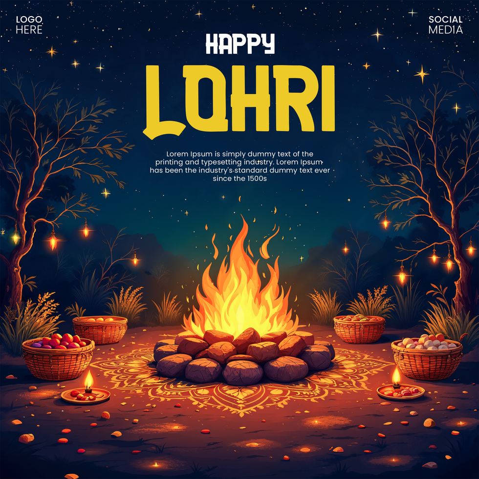 Lohri Festival Celebration Poster Design, holiday banner social media post psd