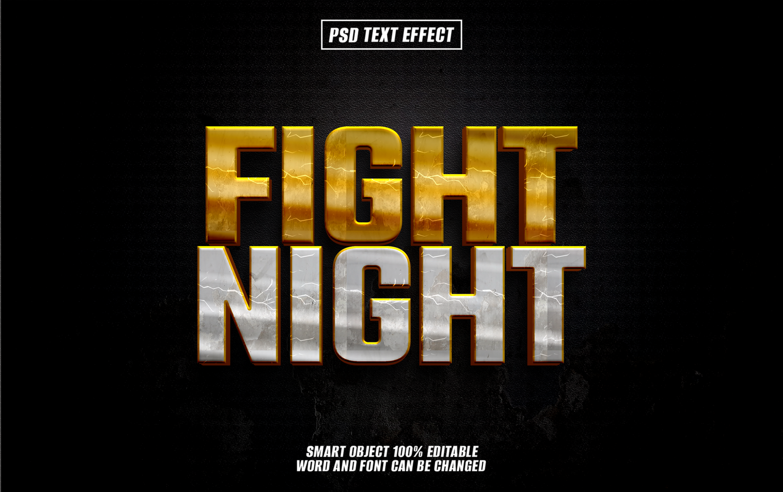Fight Night text effect Gold and silver on dark background. psd