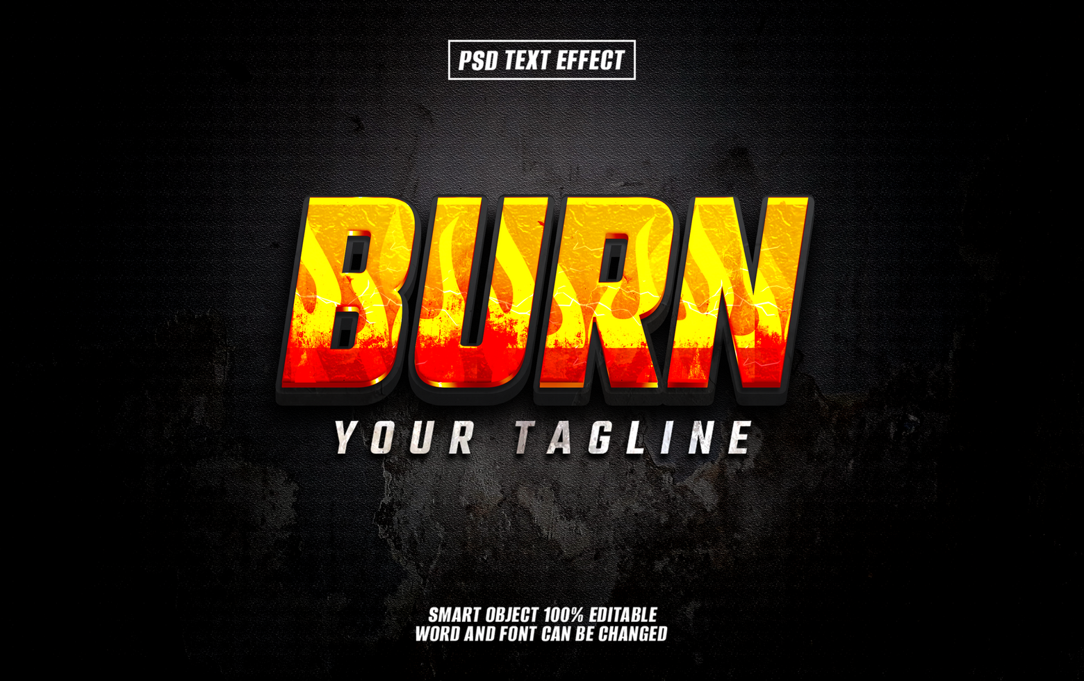 BURN text effect on dark grunge background. psd
