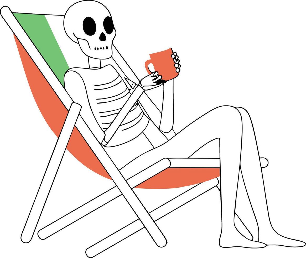 a skeleton sitting in a beach chair with a cup of coffee vector