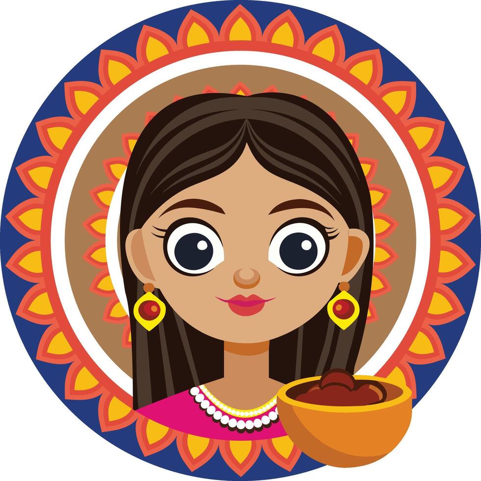 indian girl with a bowl of rice and a smile vector