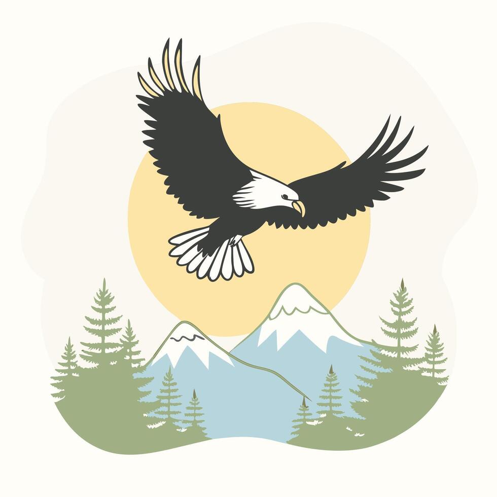 Eagle flying over mountains and forest vector