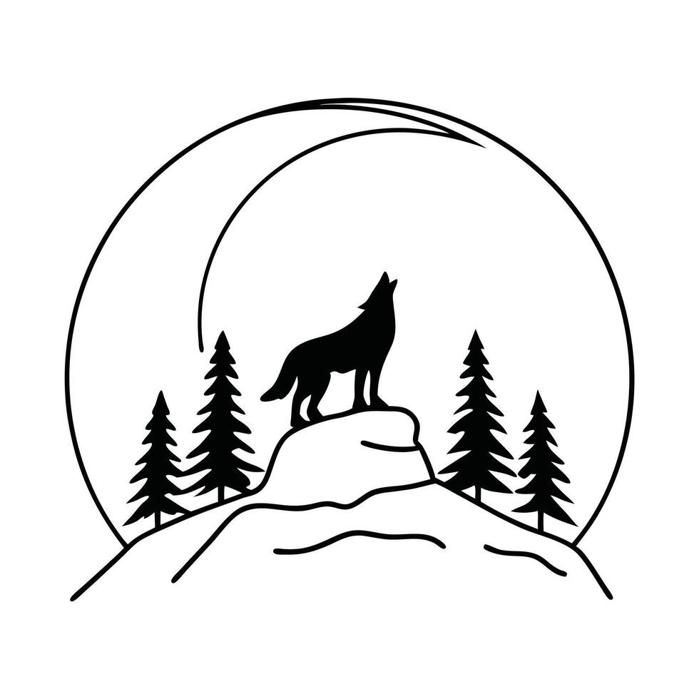 A wolf howling at the moon on a hill vector