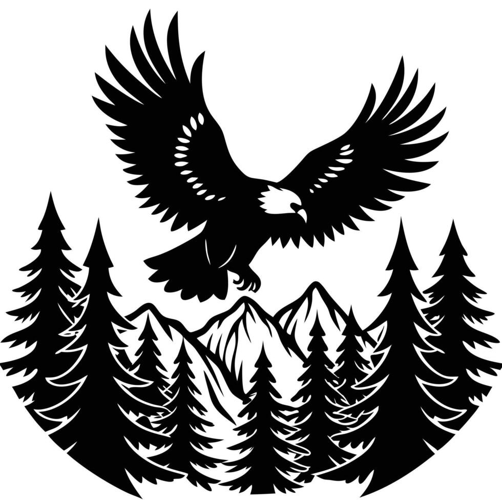 An eagle flying over the forest and mountains vector