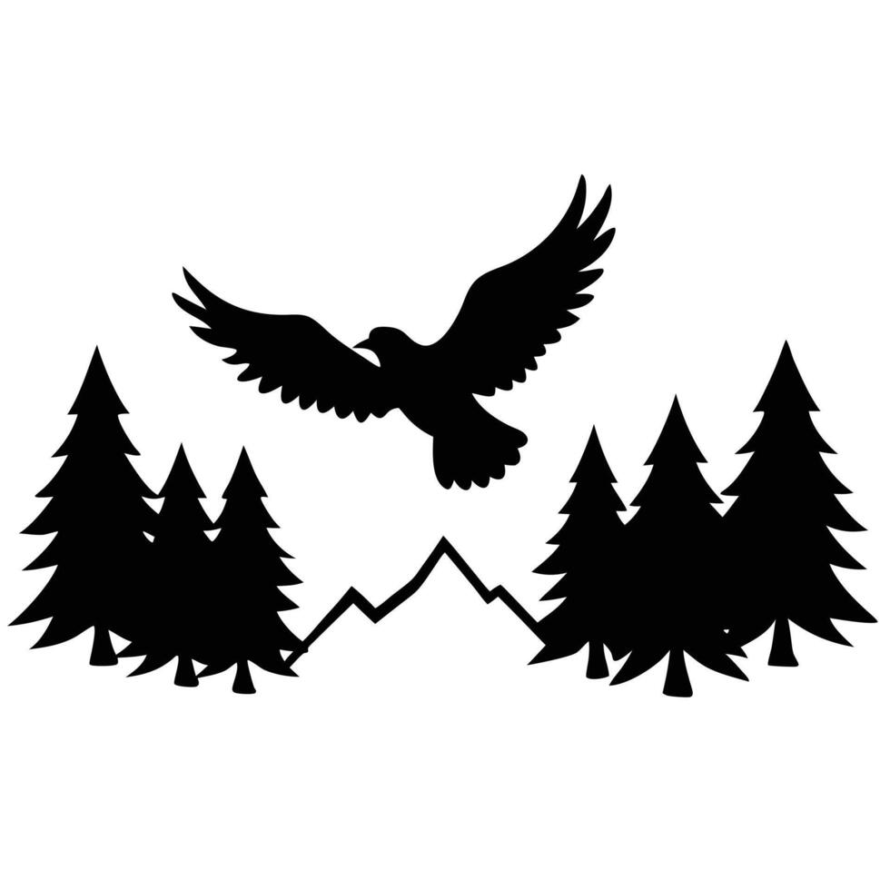 A black and white silhouette of a bird flying over trees and mountains vector