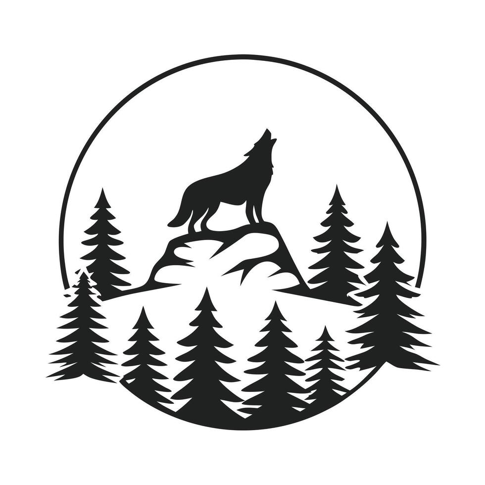 The wolf is standing on top of a mountain with trees vector