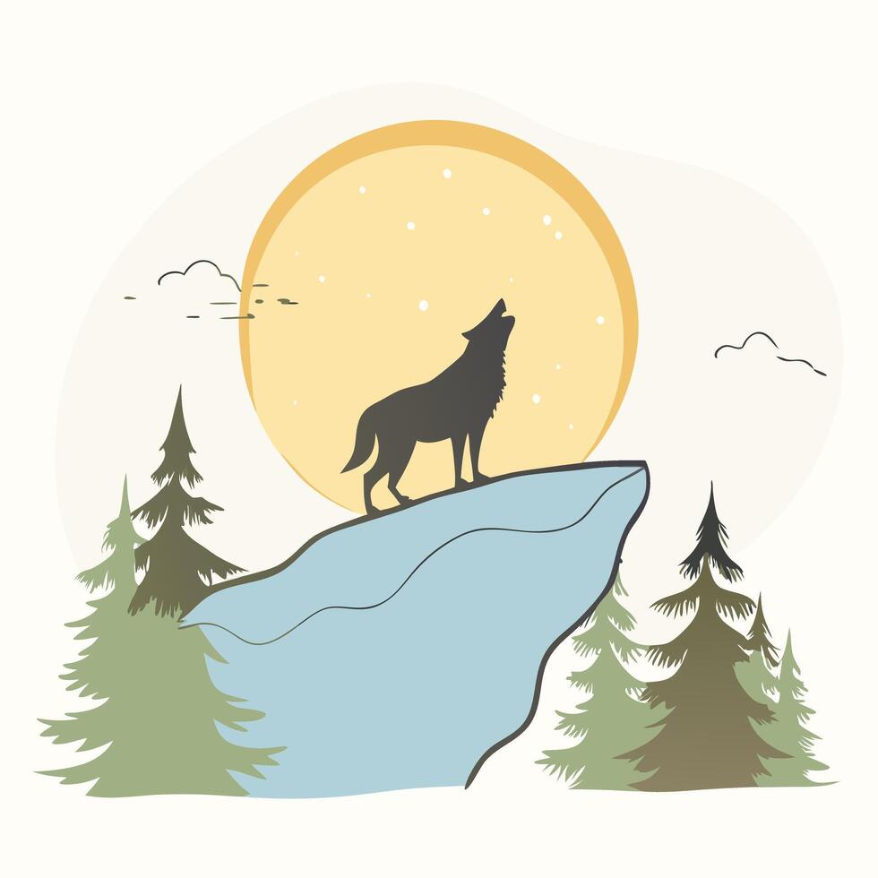 A wolf howling on a cliff with trees in the background vector