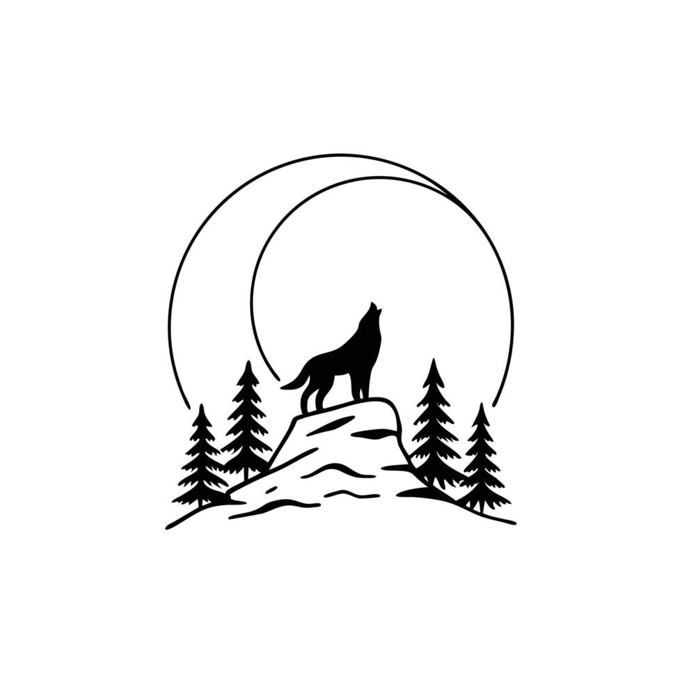 A wolf is standing on a mountain with trees and a moon in the background vector