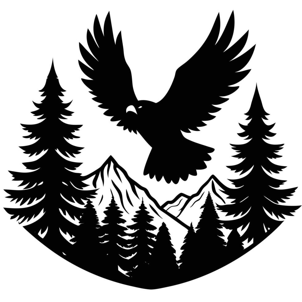 A black and white logo of an eagle flying over a forest vector