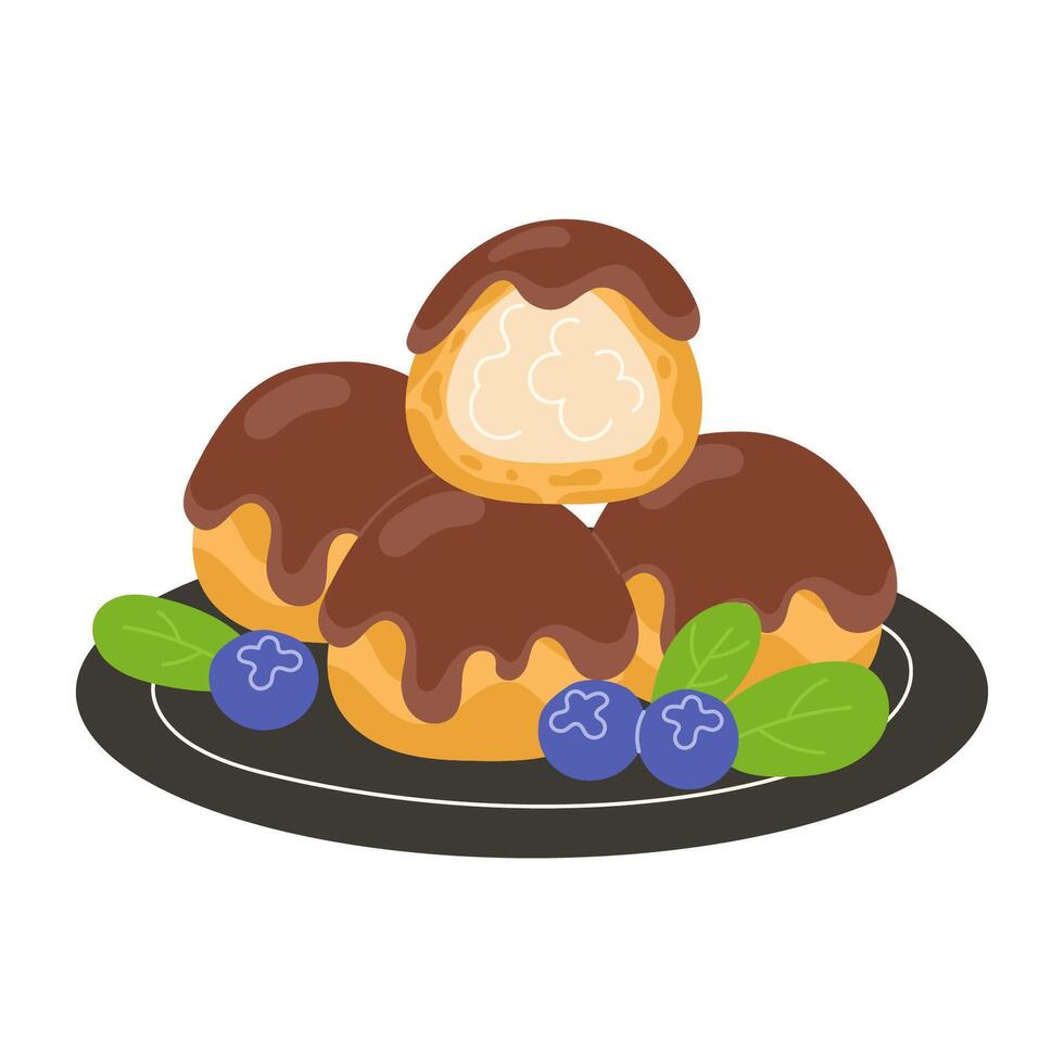 Traditional French Dessert Profiteroles with Blackberries vector