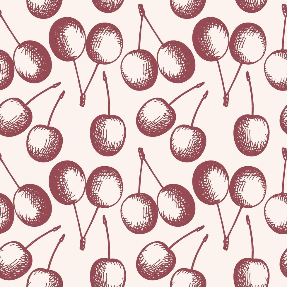 Seamless pattern with engraved cherries. Hand drawn repeating background with sweet berry of cherry-tree. Food, red round stone fruits. For textile, wrapping, label, card, print, sign, paper vector