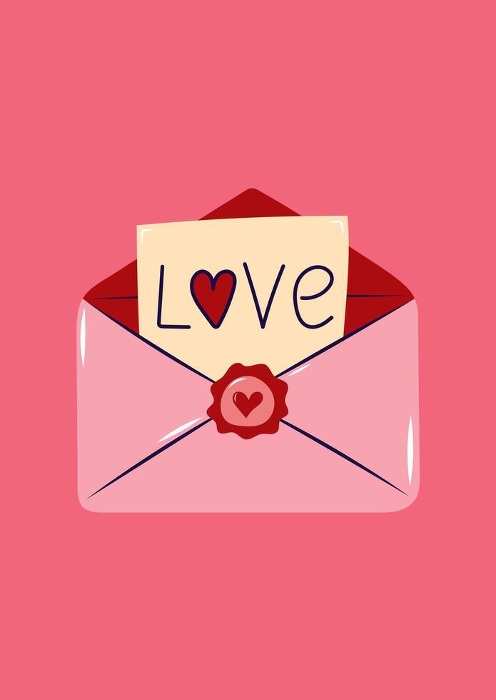 Valentine's Day Card with Envelope and Note. Simple cute greeting card. illustration. vector